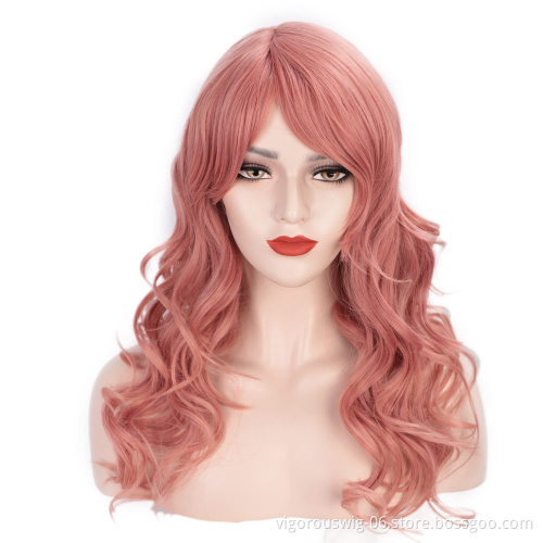 24 Inches Long Wave Hair Extension Wigs Pink Heat Resistant Full Cheap Woman Synthetic Hair Wig With Bangs No Lace Cosplay Use